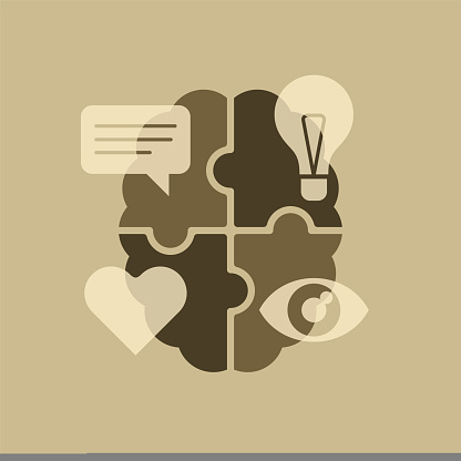 Cognitive Psychology emblem - Four puzzle pieces as a brain with icon on each piece