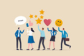 istock Customer feedback, user experience or client satisfaction, opinion for product and services, review rating or evaluation concept, young adult people giving emoticon feedback such as stars, thumbs up. 1412621642