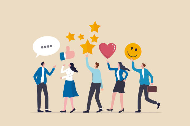 Customer feedback, user experience or client satisfaction, opinion for product and services, review rating or evaluation concept, young adult people giving emoticon feedback such as stars, thumbs up. vector art illustration