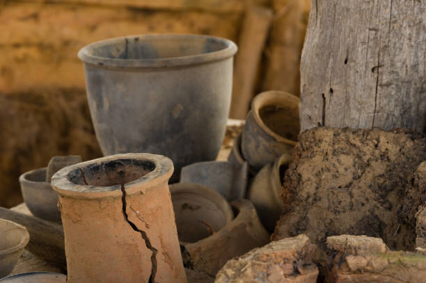 Ancient handmade clay pots, jugs, and other pottery