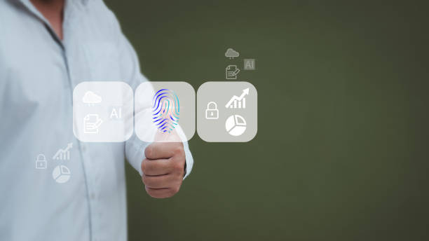 istock Usiness people touch Virtual screen to scan fingerprints, data management concepts, big data, business processes, automated operations, various storage systems, cloud computing. 1412624525