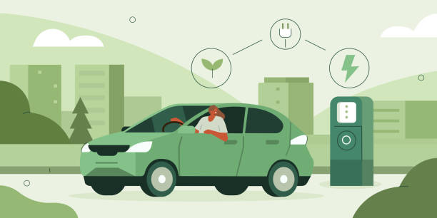 ilustraciones, imágenes clip art, dibujos animados e iconos de stock de coche eléctrico - green car