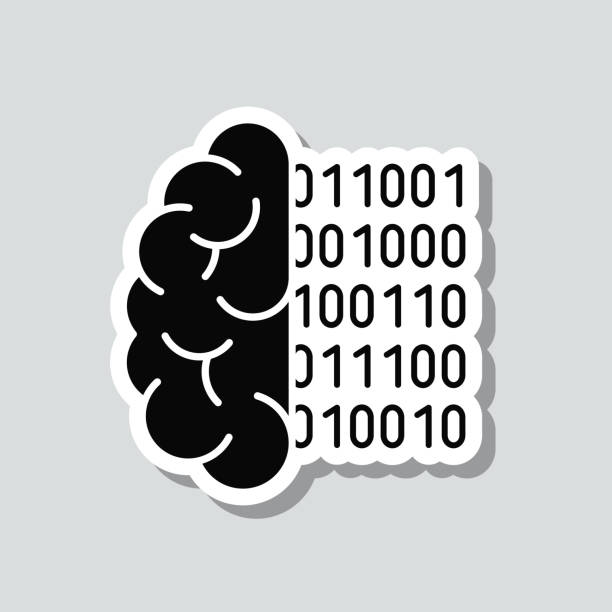 мозг с двоичным кодом. наклейка на иконку на сером фоне - binary code three dimensional shape symbol sign stock illustrations