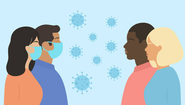 Group Of People With And Without Masks Standing Together. Virus Cells Flying In The Air Group Of People With And Without Masks Standing Together. Virus Cells Flying In The Air togetherness covid stock illustrations
