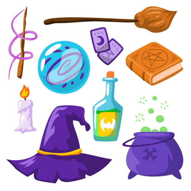 illustrazioni stock, clip art, cartoni animati e icone di tendenza di set di elemento oggetto della strega in stile cartone animato vettoriale - wizard magic broom stick