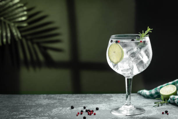 cóctel gin tonic y sombras junto a la ventana sobre fondo de hormigón oscuro. - gin fotografías e imágenes de stock