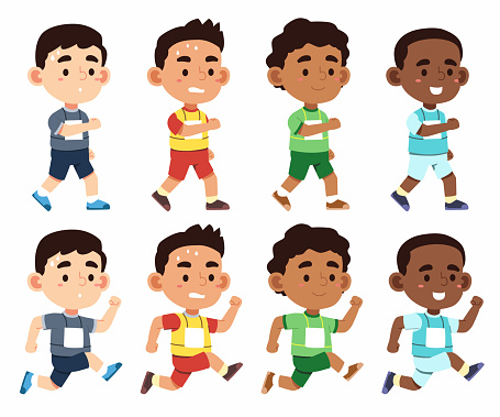 Set of cute multiethnic athlete boys in different action in cartoon character, vector illustration