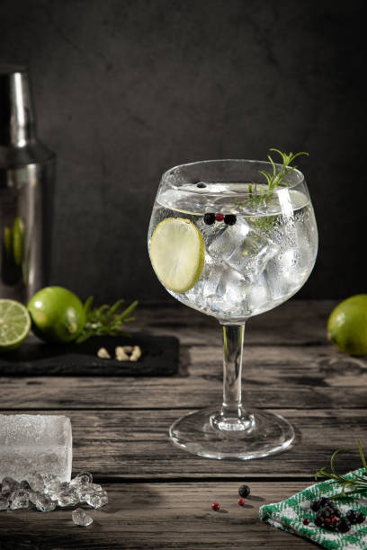 istock Cold glass of gin tonic with ice on dark rustic background with copy space. Vertical format. 1412629929