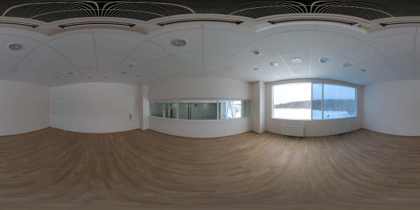 Seamless full spherical 360 degree panorama in equirectangular projection of empty small office room in industrial building with built-in ceiling air conditioner in Tula, Russia - February 11, 2013