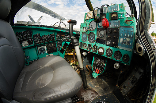 Cockpit of decomissioned soviet era military helicopter