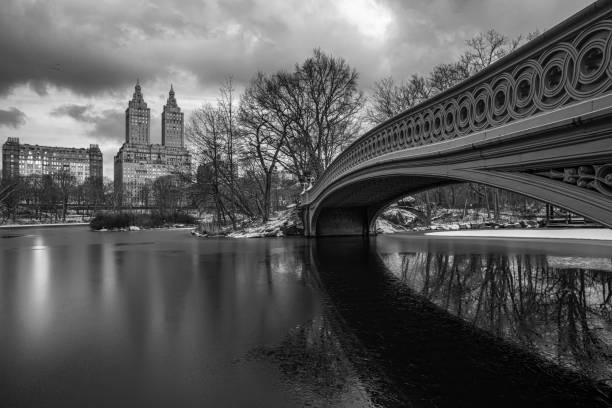 Bow bridge in winter after snow stock photo