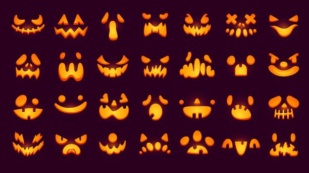 ilustraciones, imágenes clip art, dibujos animados e iconos de stock de caras de calabaza brillantes. ojos brillantes y dientes boca de criaturas de halloween aterradoras, jack-o-lantern tallado espeluznante cara malvada o sonrisa calabazas emoji smiley, ingeniosa ilustración vectorial - halloween pumpkin party carving