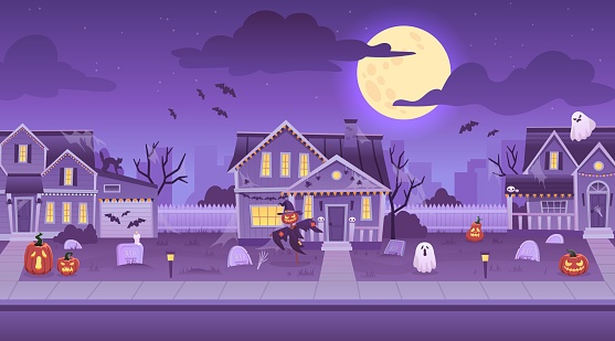 Halloween street houses. Decorated haunted house background, horror carnival city creepy pumpkin building decoration or scarecrow on porch, ingenious vector illustration of house halloween street