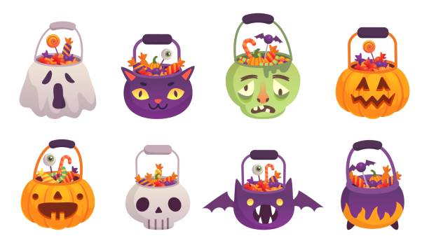 ilustraciones, imágenes clip art, dibujos animados e iconos de stock de cubos de halloween. caramelos en cesta de calabaza, truco o bolsa de regalo para celebración sabrosos dulces jack o lantern bucket cartoon evil pumpkins container ingenioso vector ilustración vectorial - orange white audio