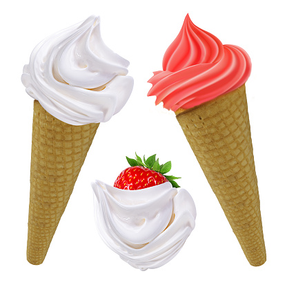 Ice cream  in cones with vanilla and strawberry isolated on white background.