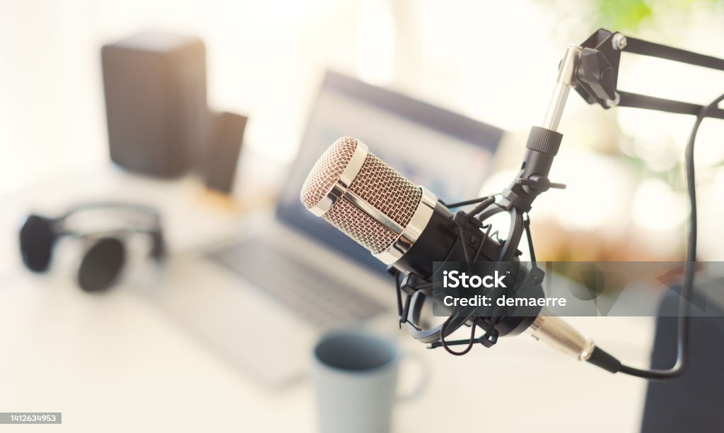 podcast recording station Live online radio broadcasting station desk, entertainment and communication concept Podcasting Stock Photo