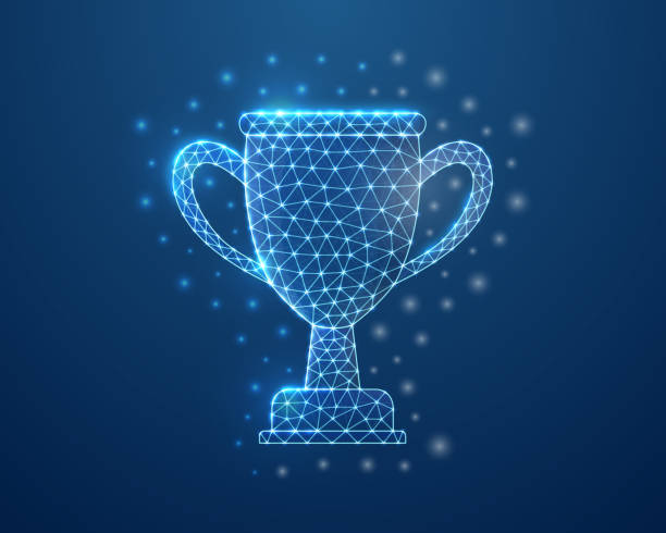 istock Trophy cup 3d symbol in blue low poly style. Champion, award, prize design concept vector illustration. Winner polygonal wireframe. 1412635279