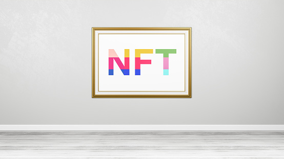 NFT Colorful Text in a Gilded Wooden Picture Frame against a Gray Wall in the Room with Copyspace 3D Render Illustration