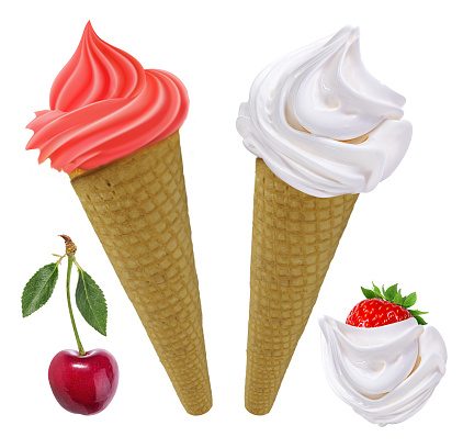 Ice cream  in cones with vanilla  sweet cherry and strawberry isolated on white background.