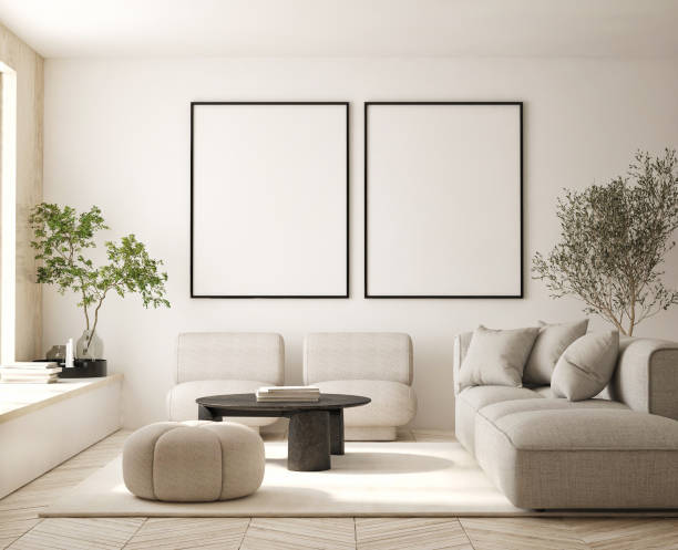 istock mock up poster frame in modern interior background, living room, Scandinavian style, 3D render, 3D illustration 1412637831