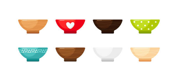 пустые керамические миски, глубокие тарелки, деревянные блюда для супа и салата - blue bowl brown ceramic stock illustrations