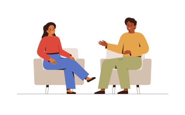 ilustrações de stock, clip art, desenhos animados e ícones de man and woman sit on the couches and  talk about something.  female host listening to her guest story-telling. psychotherapist has a session with her patient.  vector - interview
