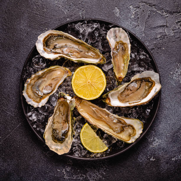 istock Opened fresh oysters on a plate, served with lemon and ice. 1412639843