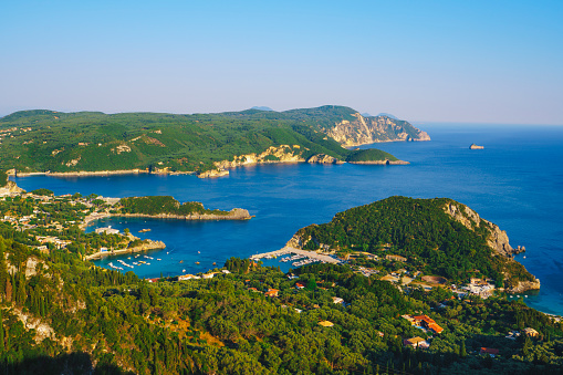 Aerial view of Paleokastritsa with bay and Beaches  in Corfu Greece