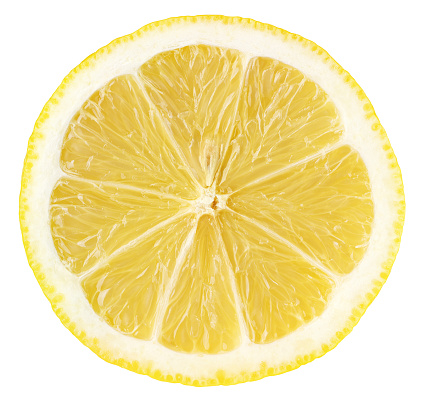 Slice of lemon citrus fruit isolated on white background with clipping path. Lemon slice with seed