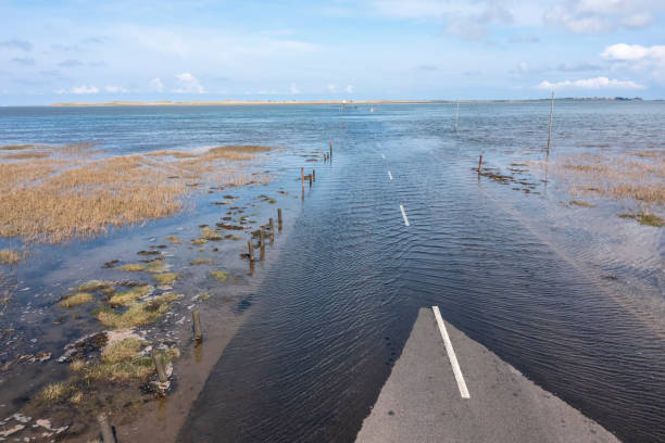 holy island causeway and refuge from above road at high tide daytime no people