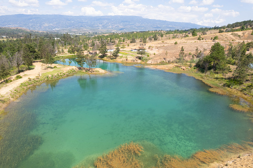 Blue wells aerial view Villa de Leyva, Colombia