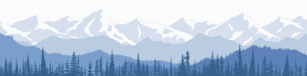 berglandschaft, panoramablick auf bergrücken und wald im nebel - alaska stock-grafiken, -clipart, -cartoons und -symbole