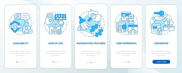 Vector illustration of Commenting platform features blue onboarding mobile app screen