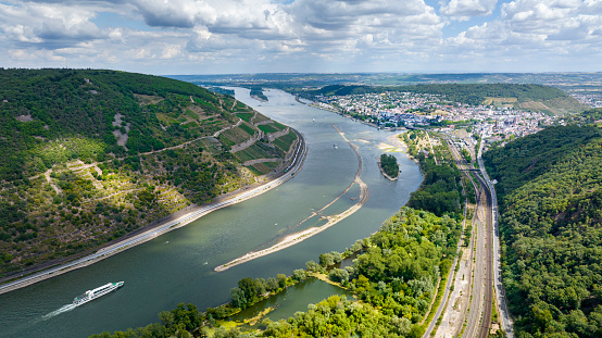 Panoramic aerial view over River Rhine and Bingen, Germany - many sand banks and very low water level after a long period of drought.
