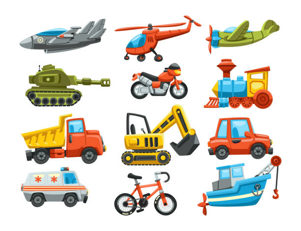 Different transport toys for kids flat vector illustrations set vector art illustration