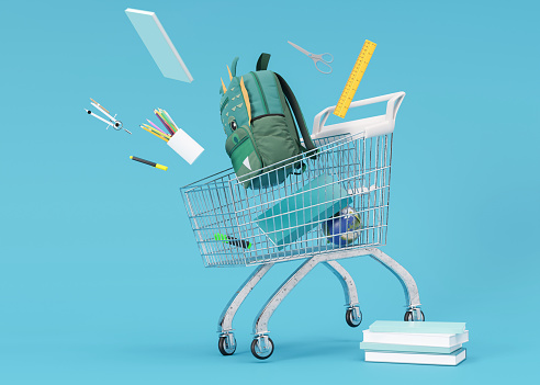 Shopping cart, trolley with school stationery items on blue background. Shopping for school, sale of school supplies. Back to school concept. Shopping, good offer. 3D rendering