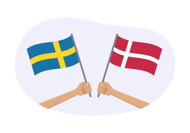 ilustraciones, imágenes clip art, dibujos animados e iconos de stock de banderas de suecia y dinamarca. símbolos nacionales daneses y suecos. mano sosteniendo bandera ondeando. ilustración vectorial. - sweden flag day abstract