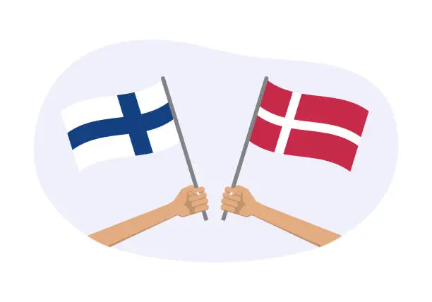 Vector illustration of Finland and Denmark flags. Danish and Finnish national symbols. Hand holding waving flag. Vector illustration.