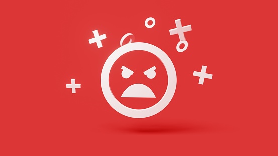 Angry 3d icon on a simple red background 4k. High-quality 3d illustration