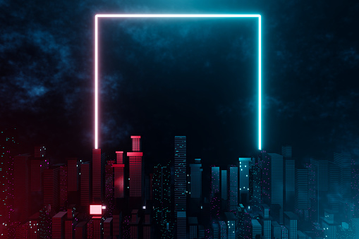 3d rendering night cityscape with glowing red and light blue neon rectangle frame.