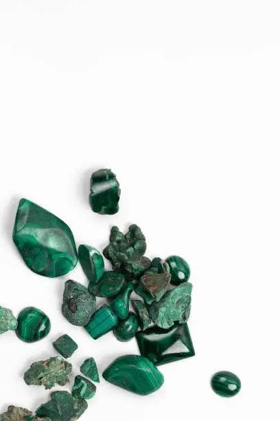 Malachite mineral collection. Specimens on White Background. Green copper carbonate mineral