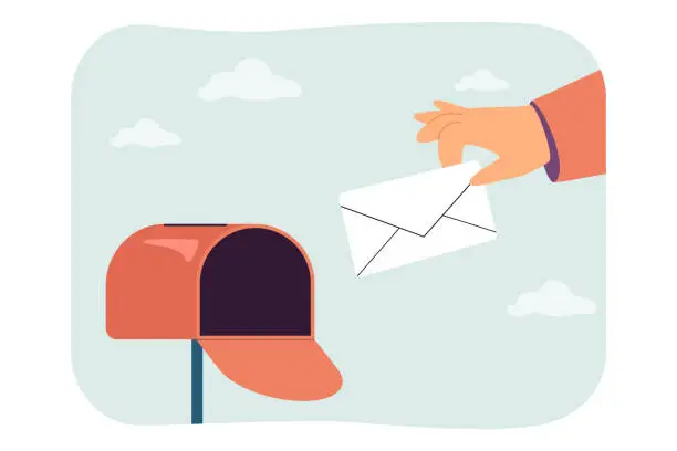 Vector illustration of Hand of person putting envelope in open mailbox