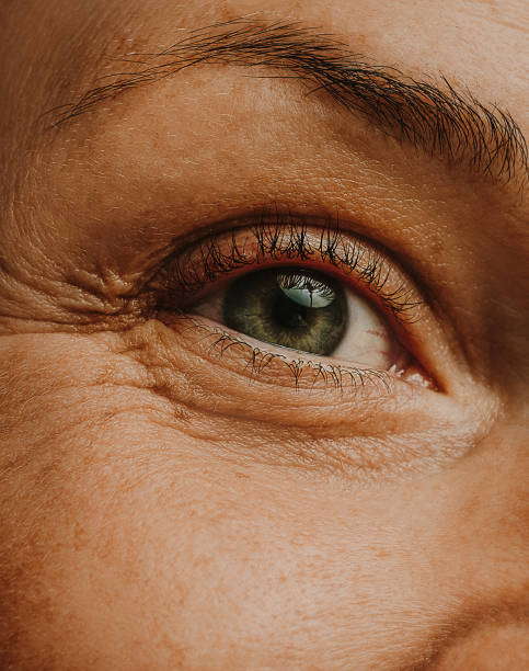 mature woman adult eye skin and wrinkles macro close up stock photo