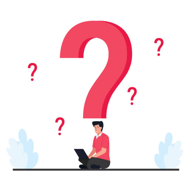 istock Man sit with laptop in front of big question mark metaphor of question. 1412658676