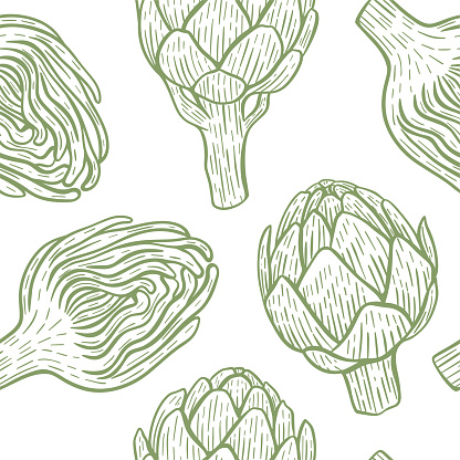 Artichoke fruit hand engraving seamless pattern vector. Background sketch artichoke whole and halves. Print healthy organic food. Vintage grocery model for packaging, paper and design