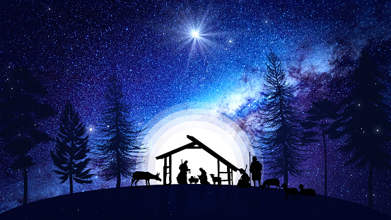 Christmas Scene animation with twinkling stars and nativity characters. Nativity Christmas story under starry sky and moving wispy clouds on blue.