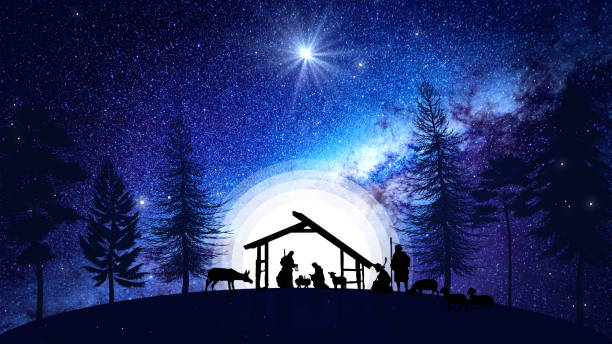 Christmas Nativity Scene animation with real animals and trees on starry sky Christmas Scene animation with twinkling stars and nativity characters. Nativity Christmas story under starry sky and moving wispy clouds on blue. west bank stock pictures, royalty-free photos & images