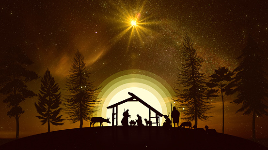 Animación de belén navideño con animales y árboles reales en el cielo estrellado photo