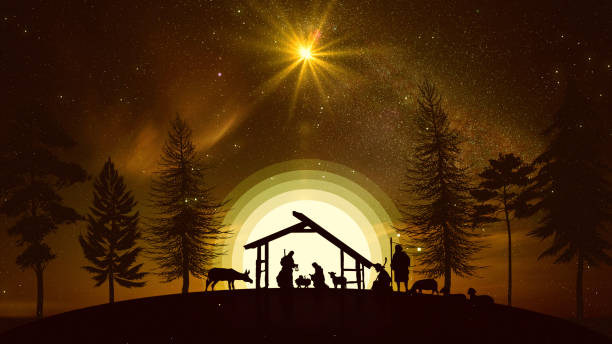 animazione presepe di natale con animali e alberi reali sul cielo stellato - holy night foto e immagini stock