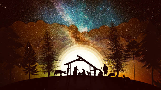 christmas nativity scene animation with real animals and trees on starry sky on golden bg - kerststal stockfoto's en -beelden